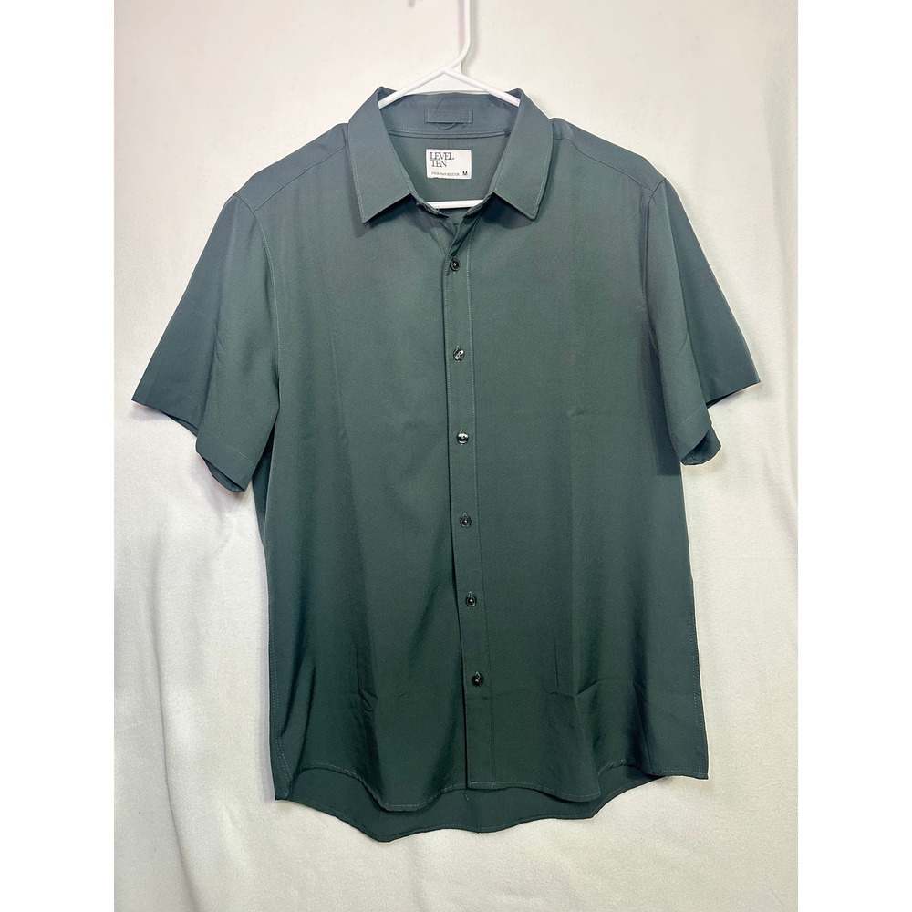 Level Ten Mens Short Sleeve Button Down Shirt Dark Green Stretch‎ Medium